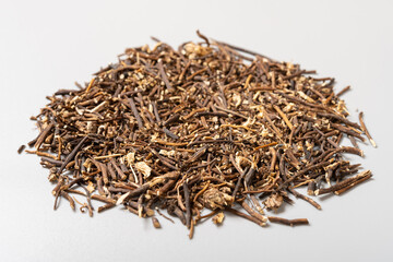 angle view herb WeiLingXian or Clematidis Radix et Rhizoma or Chinese Clematis Root and Rhizome