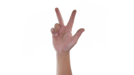 Male hand showing three finger sign isolated on white background 