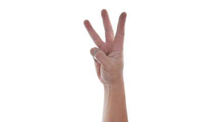 Male hand showing three finger sign isolated on white background 