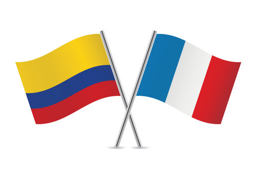 Colombia and France crossed flags. Colombian and French flags are on white background. Vector icon set. Vector illustration.