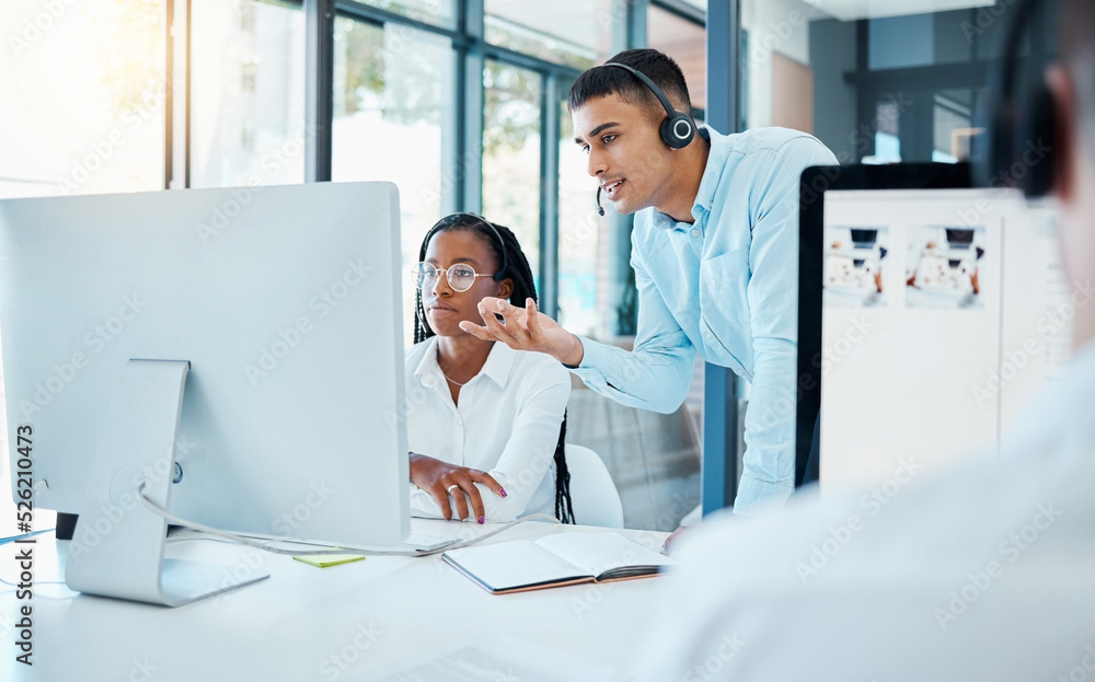 Aufkleber manager, boss or worker helping new employee as call center agent, training a consultant at work and
