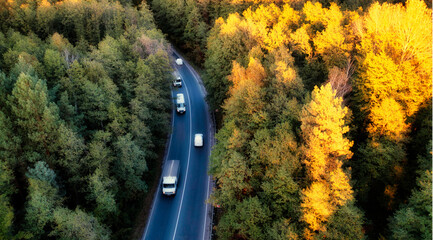 Mountain highway through the autumn forest. Drone view.