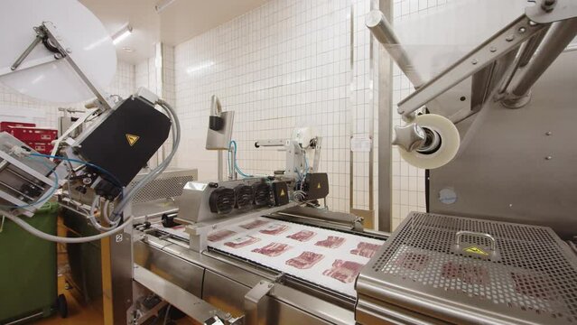 Packages with chopped bacon are vacuumed and hermetically sealed for shipment to retailers
