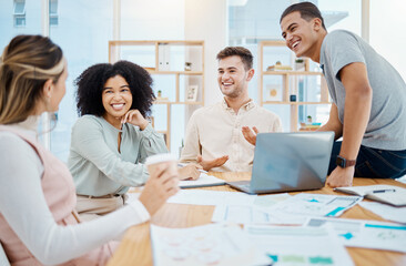 Happy business people laughing and enjoying a casual chat in an office, taking a break from paperwork. Diverse work friends bonding and talking about a funny story, smiling, listening and chilling