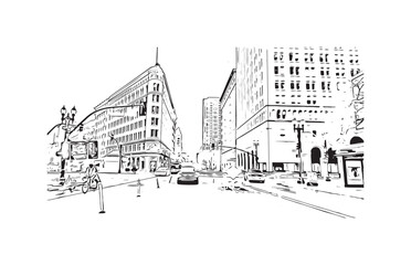 Building view with landmark of Oakland is the 
city in California. Hand drawn sketch illustration in vector.