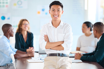 Motivation, vision and proud business leader excited about group collaboration on a goal in an...