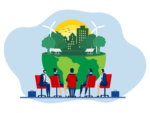 Team Business meeting with ESG or ecology problem concept, business invest energy sources. Preserving resources of planet. Cartoon modern flat vector illustration