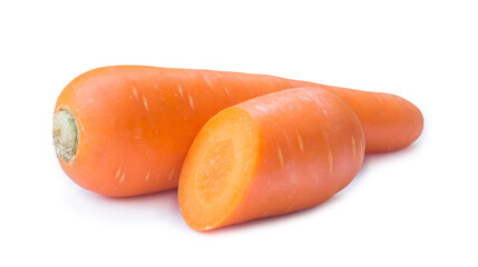 Whole fresh orange carrots with half isolated on white background with clipping path