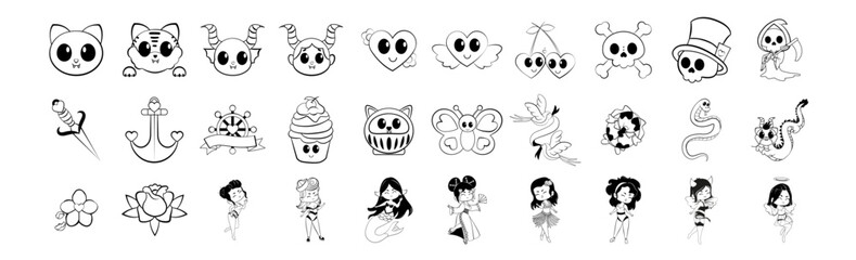 set cartoons kawaii tatoo vector illustration