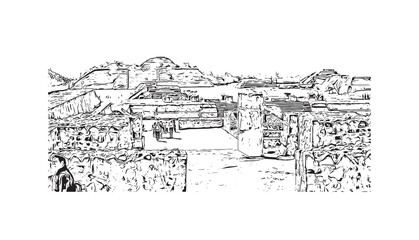 Building view with landmark of Oaxaca is the 
city in Mexico. Hand drawn sketch illustration in vector.