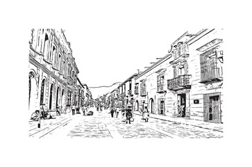 Building view with landmark of Oaxaca is the 
city in Mexico. Hand drawn sketch illustration in vector.