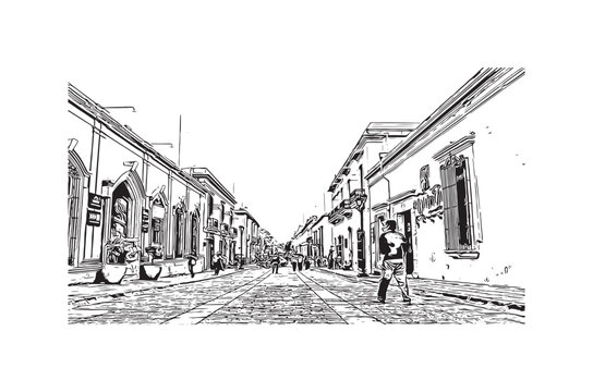 recommend clip art: Building view with landmark of Oaxaca is the 
                    city in Mexico. Hand drawn sketch illustration in vector.
