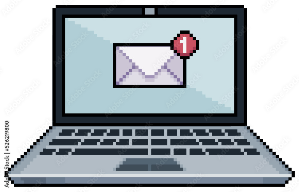 Poster pixel art laptop with email notification icon on screen vector icon for 8bit game on white backgroun