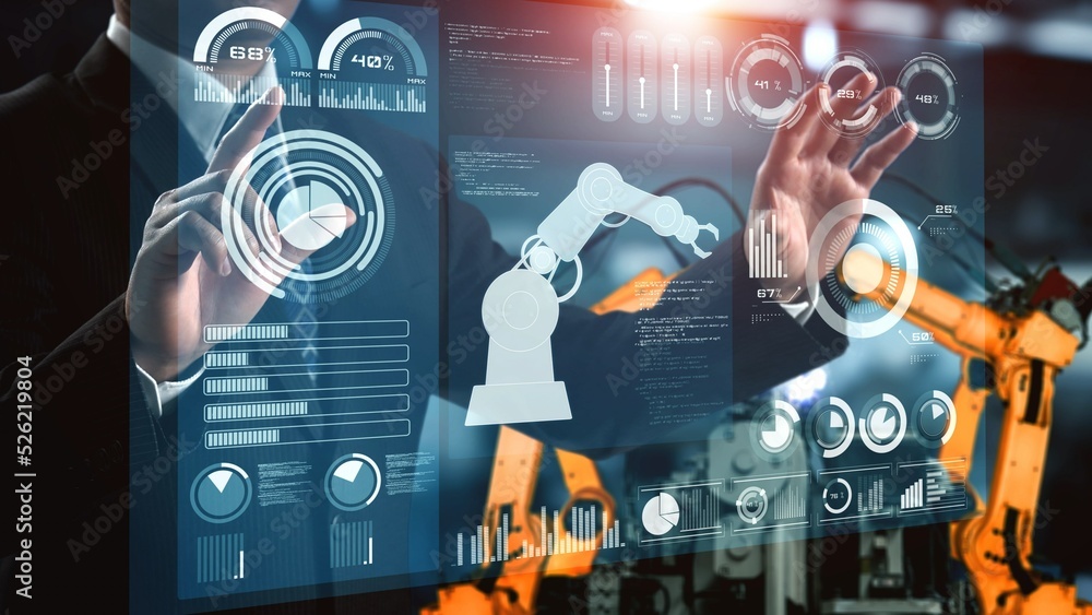 Poster engineer use cybernated robotic software to control industry robot arm in factory . automation manuf