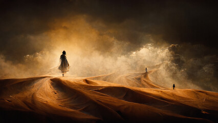 Cinematic scene of people in desert with approaching sandstorm and dramatic lighting, digital illustration - obrazy, fototapety, plakaty