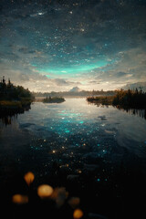 Very beautiful starry sky landscape and lake reflections of stars on a lake, digital painting