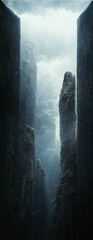Breathtaking and mysterious stone monolith, cliff and gorge, digital illustration - obrazy, fototapety, plakaty