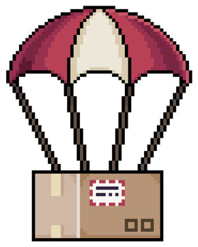 Pixel art parachute with package and box vector icon for 8bit game on white background
