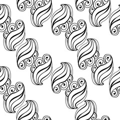 Abstract paisley seamless pattern, curled motifs in diagonal rows on a white background