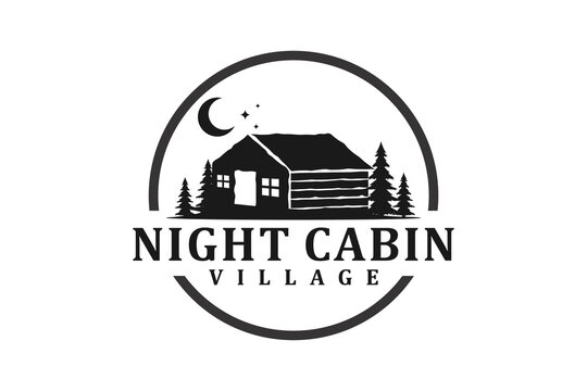 Vintage Cabin Logo Vector Lodge House Illustration Design Night Outdoor Roof House Residence Real Estate