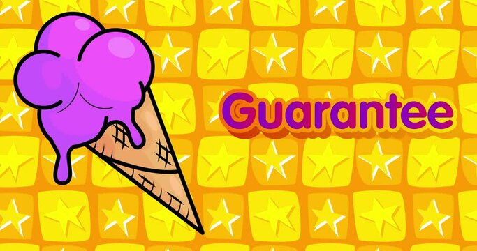 Ice Cream with Guarantee text. Colorful animated dancing summer sweet food cartoon. 4k resolution animation, moving image.