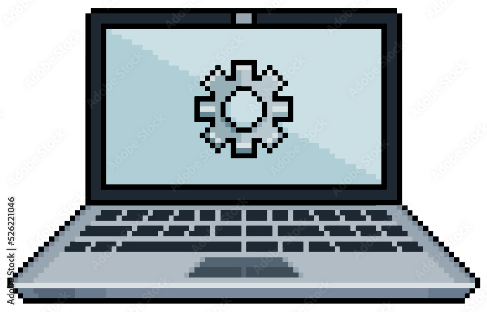 Poster pixel art laptop with gear icon on screen. computer settings vector icon for 8bit game on white back