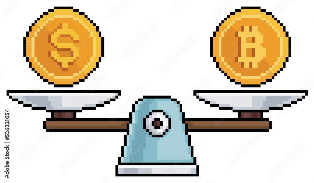Poster pixel art scale with dollar and bitcoin, scale balance with money and cryptocurrency vector icon for