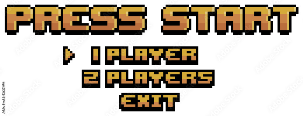 Fototapete pixel art game start menu, press start, select players and exit vector for 8bit game on white backgr