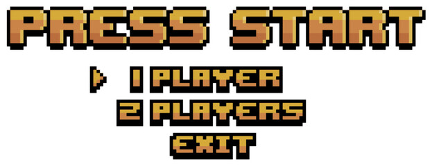 Pixel art game start menu, press start, select players and exit vector for 8bit game on white background - obrazy, fototapety, plakaty