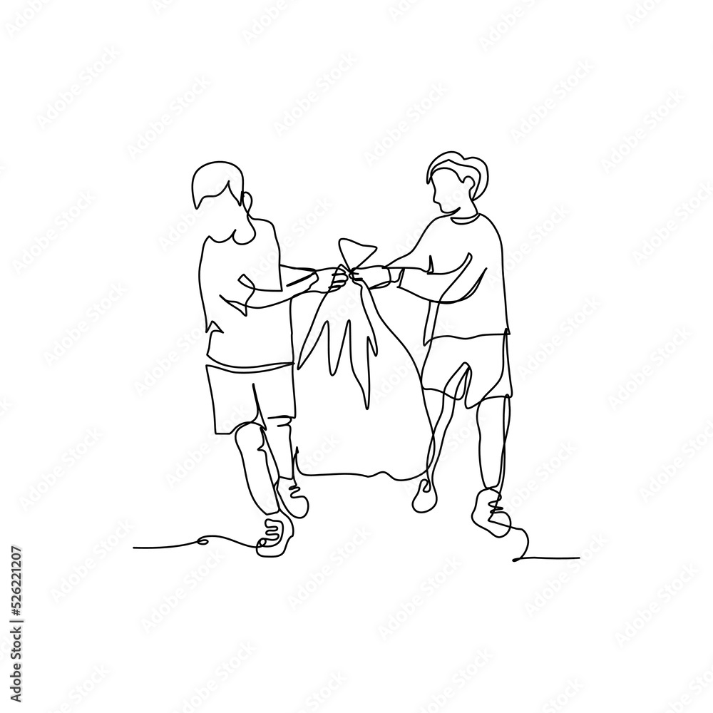 Poster one continuous line of two boys work together to clean the environment from garbage. minimalist styl