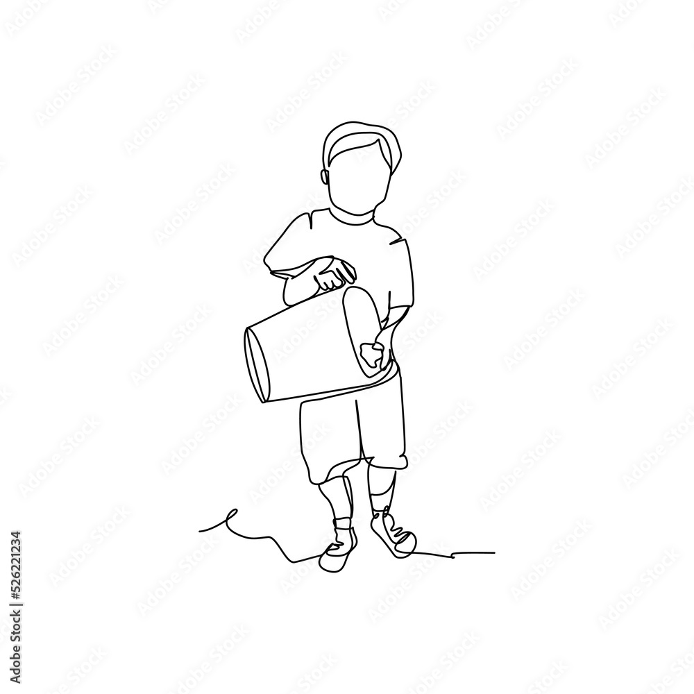 Poster one continuous line of a boys throw trash in its place. minimalist style vector illustration in whit