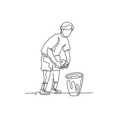 One continuous line of a boys throw trash in its place. Minimalist style vector illustration in white background.