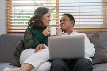 Smiling senior couple relaxing on couch and using laptop. Elderly and technology concept.