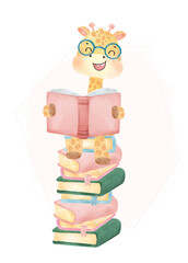 cute watercolor happy nerdy kid giraffe reading book siting on stack book, back to school cartoon childhood animal wildlife watercolor vector
