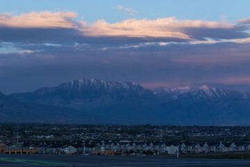 Beautiful lights over Great Salt Lake in Utah in twilight