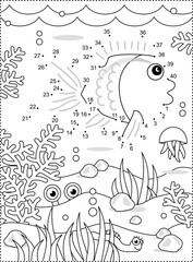 Fototapeta premium Fish dot-to-dot activity and coloring page. Full-page underwater scene. Math basics for kids. 