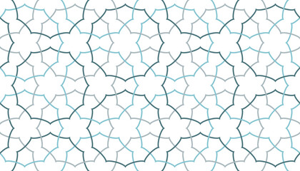 Geometric tessellated dodecagon star shapes in shades of blue in a modern style repeating geometric polygon line pattern, vector illustration