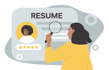 Fototapeta na wymiar vector illustration in a flat style on the theme of hr, employee recruiting. a woman looks through a magnifying glass of resume