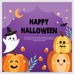 Happy halloween background and banner. Pumpkin cute. Flat design.