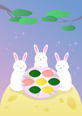 Vector illustration of cute rabbits eating traditional Korean dessert.