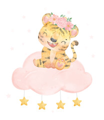 Cute baby shower tiger gril, welcome baby girl, cute wildlife animal nursery kid character illustration vector