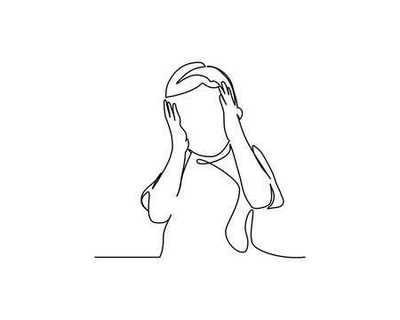 One continuous line of a little boy holding his head. Minimalist style vector illustration in white background.