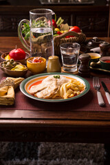 Fried chicken filet with french fries and rice peruvian gourmet restaurant comfort food