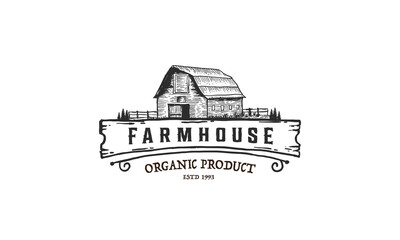 Vintage farm barn logo design - barn wood building house farm cow cattle logo design - obrazy, fototapety, plakaty