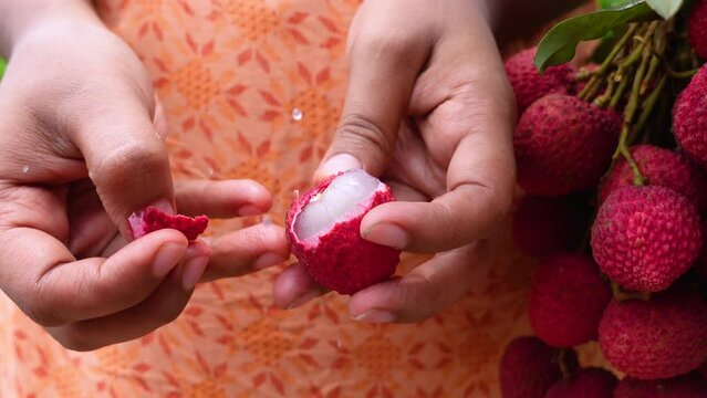 A young girl's hand tries to peel a lychee fruit. Girl eating fresh lychees. A woman and lychee fruits. Fruit-eating concepts. Closeup 4k video. 