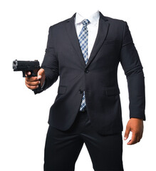 Template of a gunman wearing a black suit and holding a pistol isolated included with clipping path.