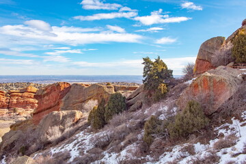 Rocky cliffs snow view at the Red Rock Amphitheater in Denver Colorado