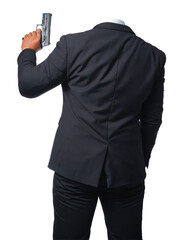 Template of a gunman wearing a black suit and holding a pistol isolated included with clipping path.