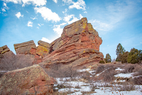 Rocky cliff snow winter view at the Red Rock Amphitheater in Denver Colorado