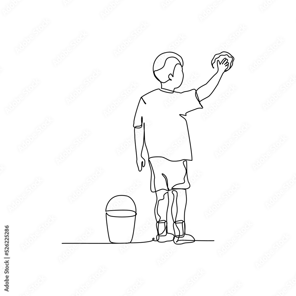 Poster one continuous line of a boy is wiping with a wet cloth. minimalist style vector illustration in whi